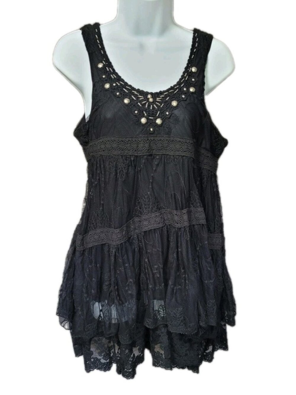 Sheer Crochet Lace Babydoll Tank Top S Festival Tiered Feminine Gothic Victorian